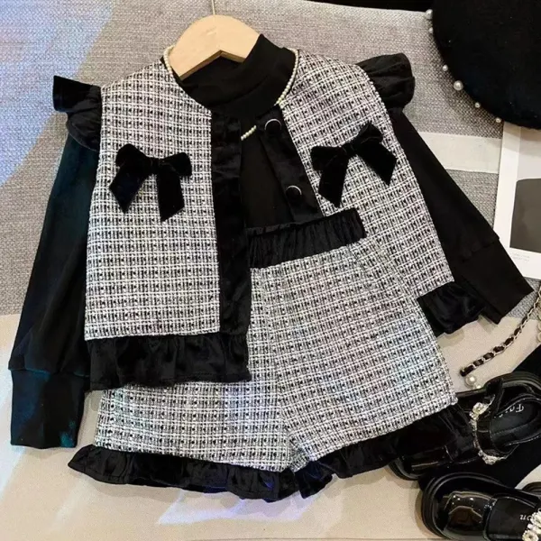 【18M-8Y】3-piece Girls Elegant Black Long Sleeve T-shirt Ruffled Bowknot Vest Coat And Shorts Set - Popopieshop.com 