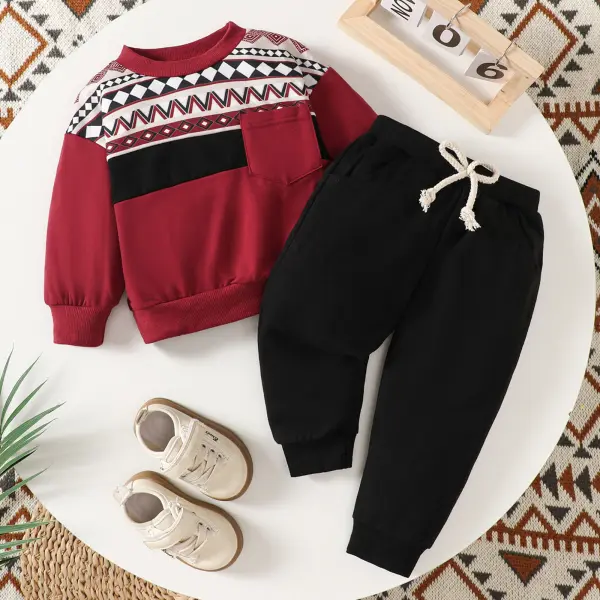 【6M-4Y】2-piece Boys Casual Geometric Print Round Neck Sweatshirt And Pants Set - Popopieshop.com 