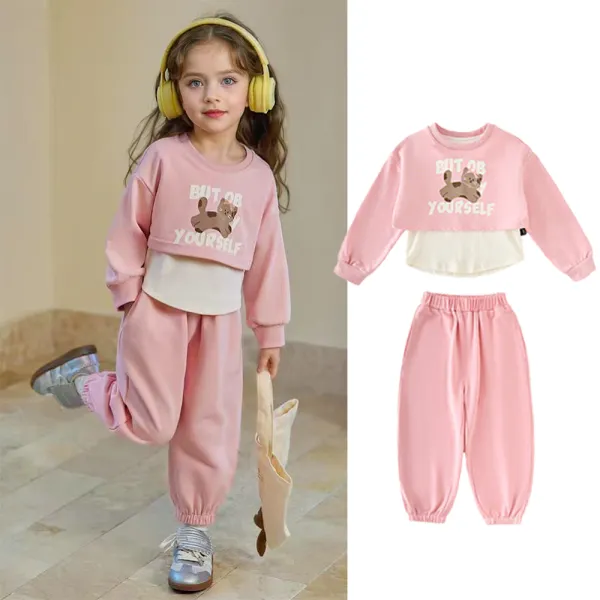 【12M-8Y】2-piece Girls Sweet Fake Two-piece Cartoon Print Sweatshirt And Pants Set - Popopieshop.com 