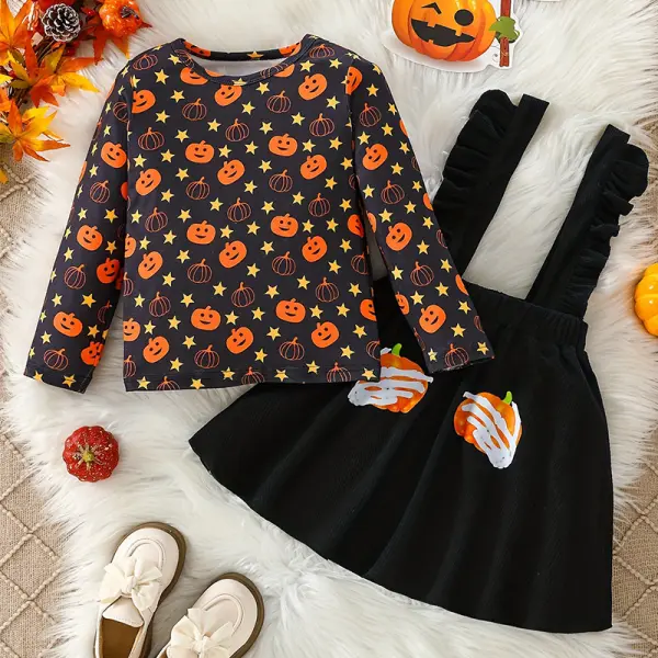 【3Y-10Y】3-piece Girls Cute Halloween Pumpkin Print Long Sleeve T-shirt And Corduroy Suspender Skirt Suit - Popopieshop.com 