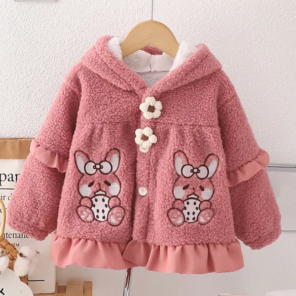 【12M-5Y】Girls Cute Rabbit Embroidered Lamb Fleece Keep Warm Hooded Coat - Popopieshop.com 