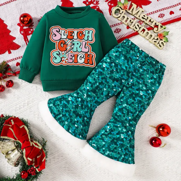【3M-3Y】2-piece Baby Girl Cute Christmas Letter Print Round Neck Sweatshirt And Flared Pants Set Only $25.99 - Popopieshop.com 