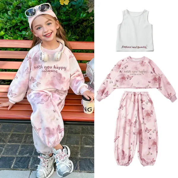 【18M-10Y】3-piece Girls Fashion White Tank Top Butterfly Letter Print Sweatshirt And Pants Set - Popopieshop.com 