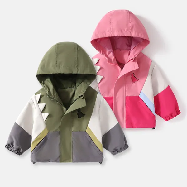 【6M-5Y】Unisex Cute Dinosaur Embroidered Color Block Hooded Jacket - Popopieshop.com 