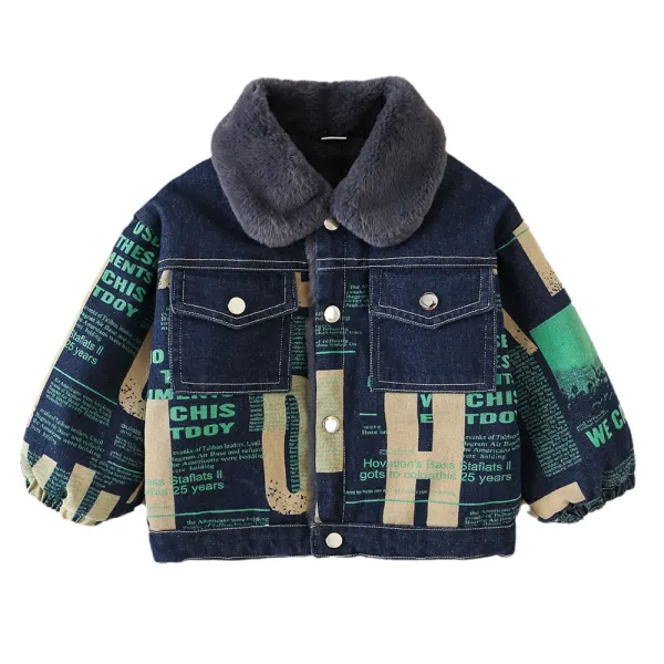 【18M-6Y】Boys Casual Letter Printe Plus Velvet Keep Warm Lapel Denim Jacket - Popopieshop.com 