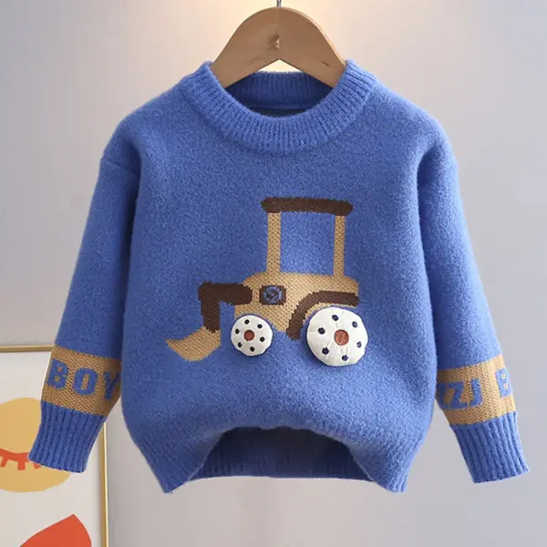 【18M-6Y】Boys Digger Pattern Round Neck Long Sleeve Sweater - Popopieshop.com 
