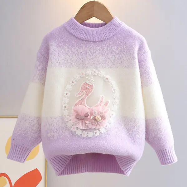 【3Y-10Y】Girls Gradient Swan Embroidered Round Neck Long Sleeve Sweater - Popopieshop.com 