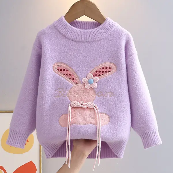 【3Y-10Y】Girls Bunny Embroidered Round Neck Long Sleeve Sweater - Popopieshop.com 