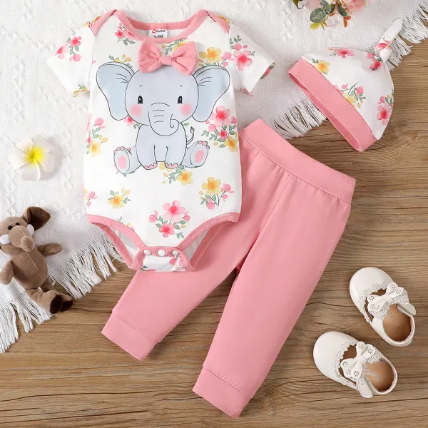 【0M-12M】3-piece Baby Girls Pink Floral Elephant Print Short Sleeve Romper And Pants Set With Hat - Popopieshop.com 