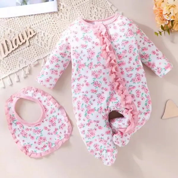 【0M-9M】2-piece Baby Girl Pink Floral Long Sleeve Romper With Bibs - Popopieshop.com 