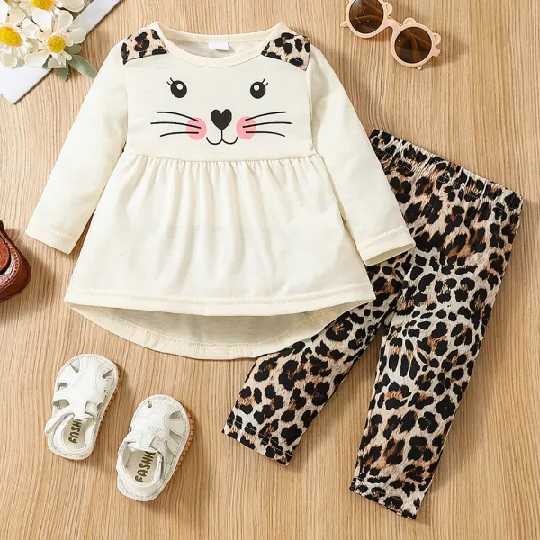 【3M-24M】2-piece Baby Girl Cat Print Long Sleeve T-shirt And Leopard Print Pants Set - Popopieshop.com 