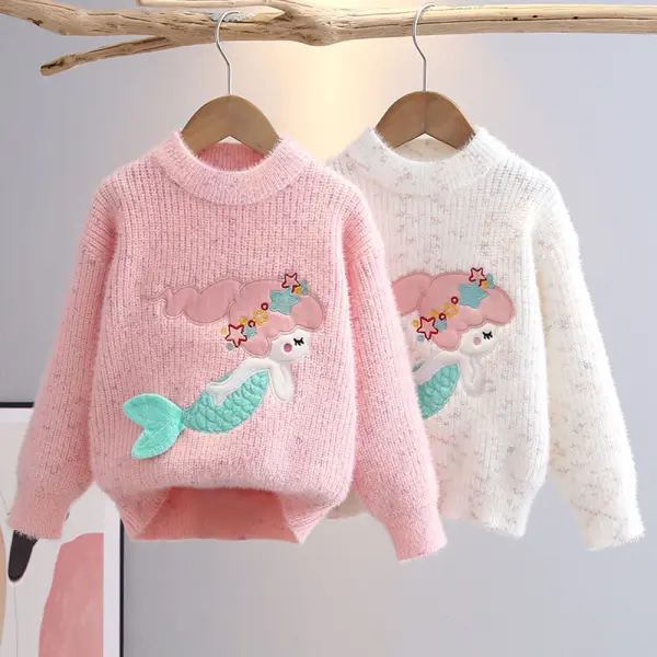 【3Y-10Y】Girls Mermaid Embroidered Round Neck Long Sleeve Sweater - Popopieshop.com 
