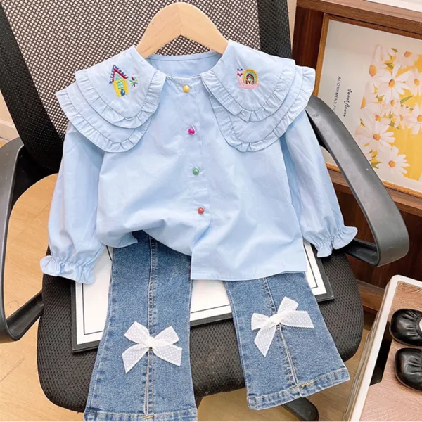 【2Y-8Y】2-piece Girls Sweet Cartoon Embroidered Ruffled Doll Collar Shirt And Flared Jeans Suit - Popopieshop.com 