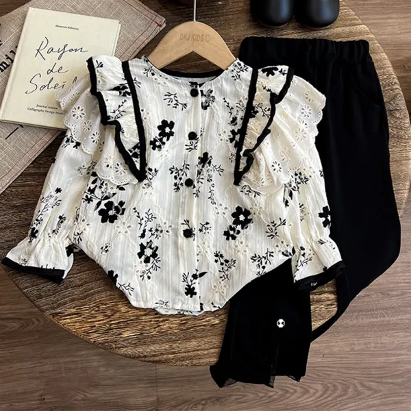 【2Y-8Y】2-piece Girls Sweet Floral Print Ruffled Long Sleeve Shirt And Flared Pants Suit - Popopieshop.com 