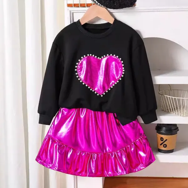 【3Y-7Y】2-piece Girls Sweet Heart-Shaped Embroidered Round Neck Sweater And Rose Red Skirt Set - Popopieshop.com 