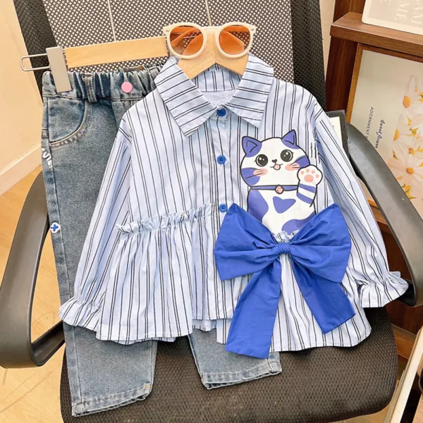 【2Y-8Y】2-piece Girls Sweet Striped Cat Print Lapel Bowknot Shirt And Jeans Set - Popopieshop.com 
