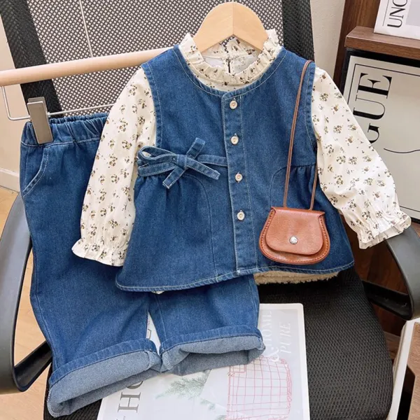 【2Y-8Y】3-piece Girls Casual Floral Long Sleeve Shirt Denim Sleeveless Top And Wide Leg Pants Suit - Popopieshop.com 