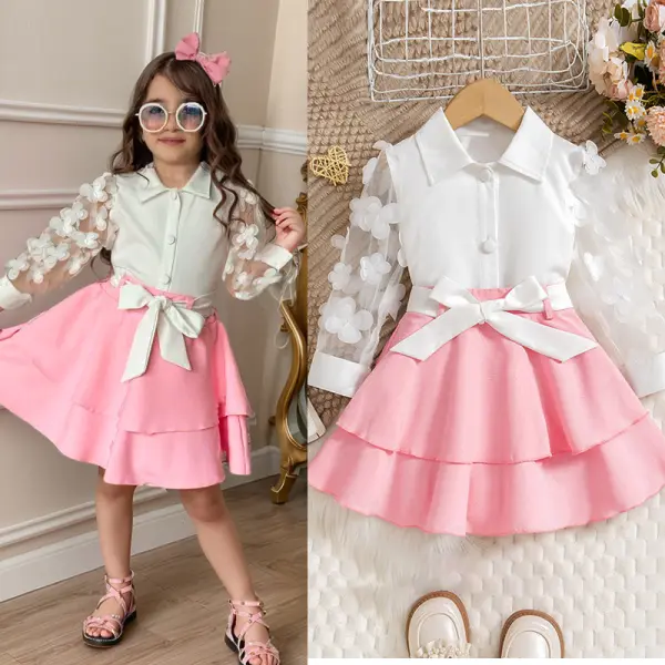 【3Y-7Y】2-piece Girls Fashion Chiffon Petal Sleeve Shirt And Skirt Suit - Popopieshop.com 