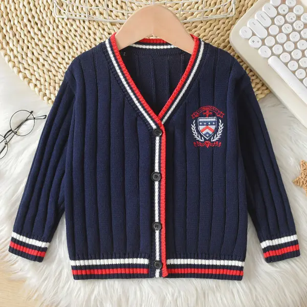 【18M-12Y】Boys Badge Embroidered Long Sleeve Sweater Cardigan - Popopieshop.com 
