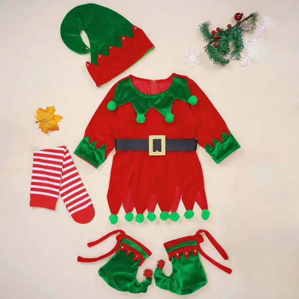 【12M-8Y】4-piece Girls Red Velvet Christmas Elf Long Sleeve Dress And Hat With Socks And Shoes Only $19.99 - Popopieshop.com 
