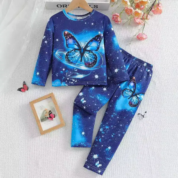 【3Y-8Y】2-piece Girls Butterfly Print Long Sleeve T-shirt And Pants Set - Popopieshop.com 
