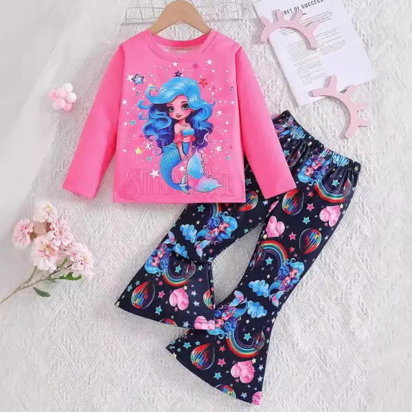 【3Y-8Y】2-piece Girls Rose Mermaid Print Long Sleeve T-shirt And Pants Set - Popopieshop.com 