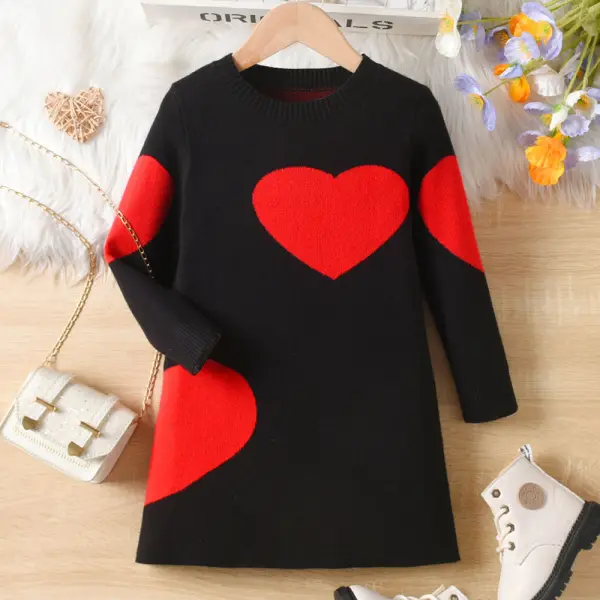 【4Y-14Y】Girls Heart Long Sleeve Sweater Dress - Popopieshop.com 