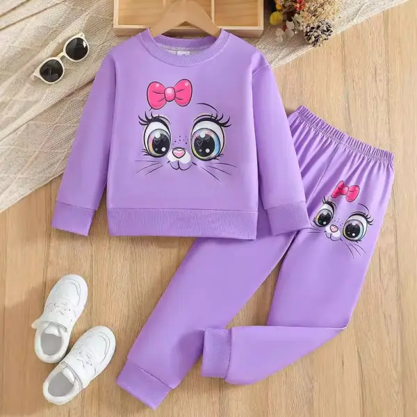 【3Y-8Y】2-piece Girls Purple Cartoon Print Long Sleeve Sweatshirt And Pants Set - Popopieshop.com 