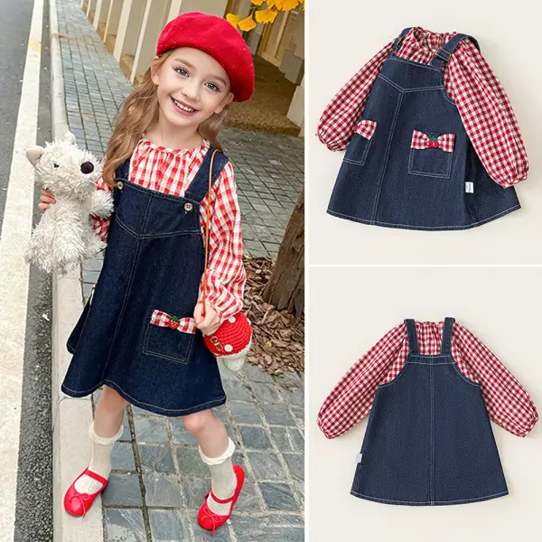 【18M-8Y】3-piece Girls Red Plaid Shirt And Denim Skirt Set With Hairband - Popopieshop.com 