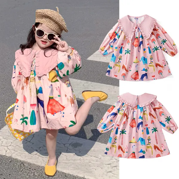 【18M-8Y】Girls Sweet Cartoon Printed Lapel Pink Dress - Popopieshop.com 