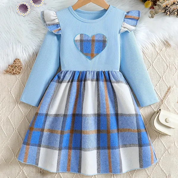 【3Y-10Y】Girls Sweet Fashion Heart Shape Embroidered Blue Long Sleeve Dress - Popopieshop.com 