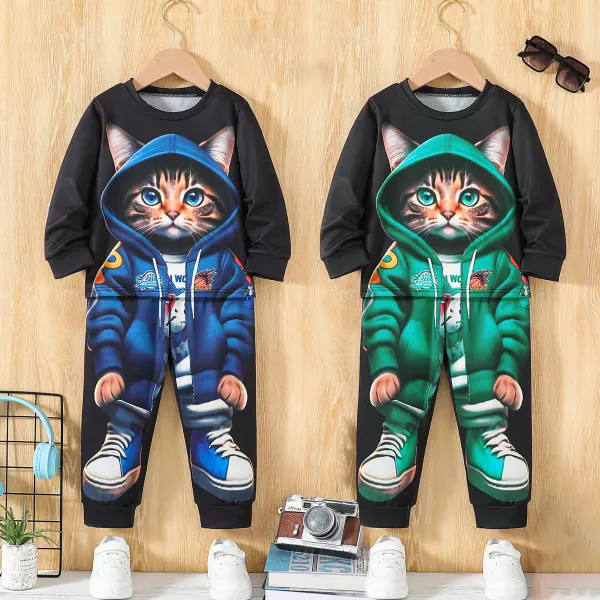 【3Y-7Y】2-piece Boys Casual Fashion Cartoon Cat Print Sweatshirt And Sweatpants Set - Popopieshop.com 