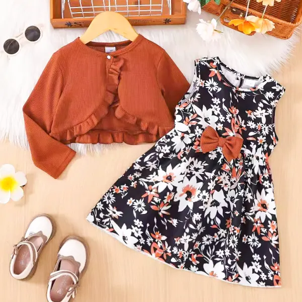 【3Y-7Y】2-piece Girls Sweet Fashion Floral Print Bow Dress And Brown Ruffle Cardigan Set - Popopieshop.com 