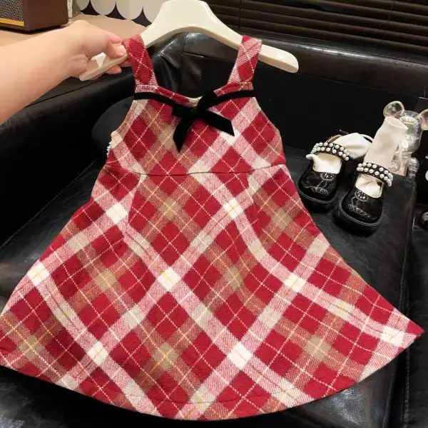 【18M-8Y】Girls Sweet Fashion Bow Design Red Plaid Dress - Popopieshop.com 