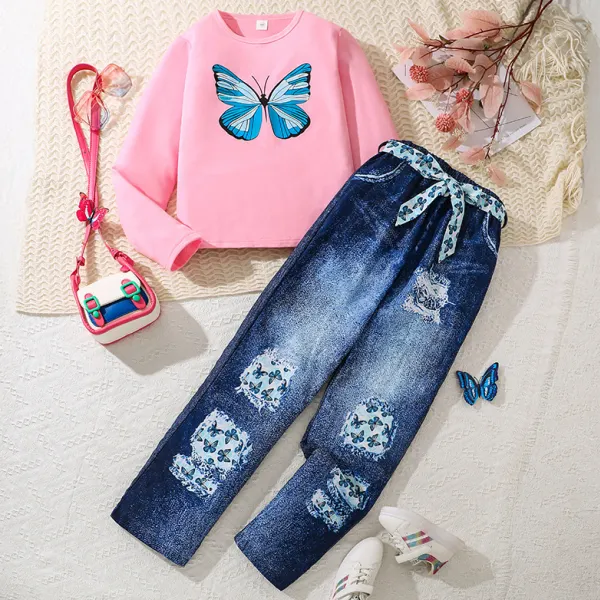 【7Y-12Y】2-piece Girls Stylish Butterfly Print Pink T-shirt And Blue Print Pants Set - Popopieshop.com 