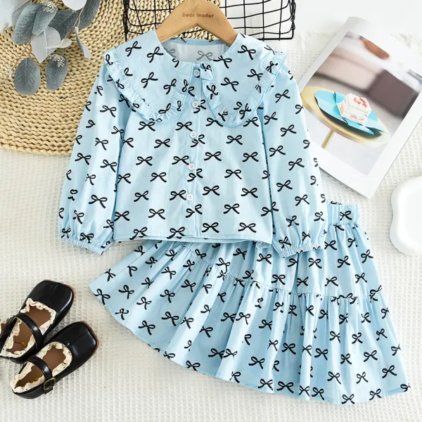 【18M-6Y】2-piece Girls Sweet Bow Print Blouse And Skirt Set - Popopieshop.com 