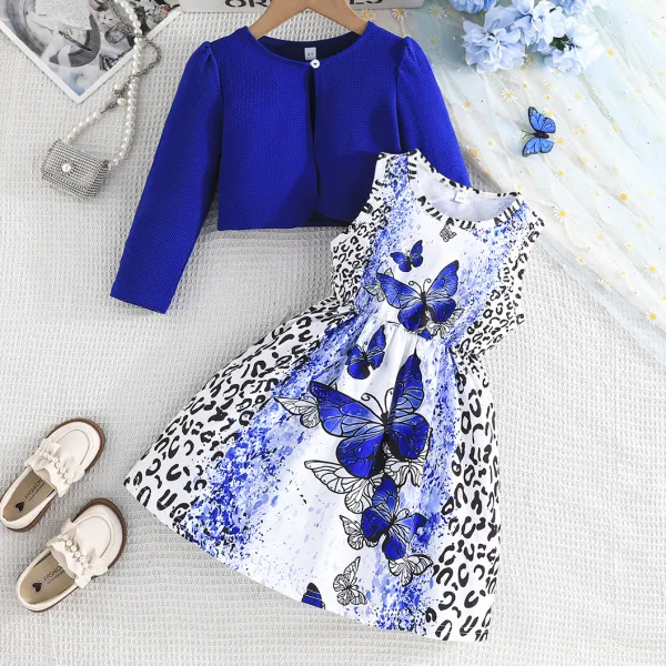 【3Y-7Y】2-piece Girls Sweet Fashion Leopard And Butterfly Print Dress And Blue Cardigan Set - Popopieshop.com 