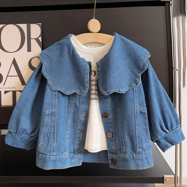 【18M-8Y】Girls Sweet Petal Shape Lapel Blue Denim Jacket - Popopieshop.com 
