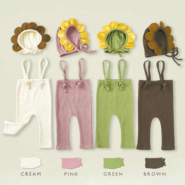 【3M-24M】Baby Girl Cute Solid Color Bib Pants And Cartoon Hat - Popopieshop.com 