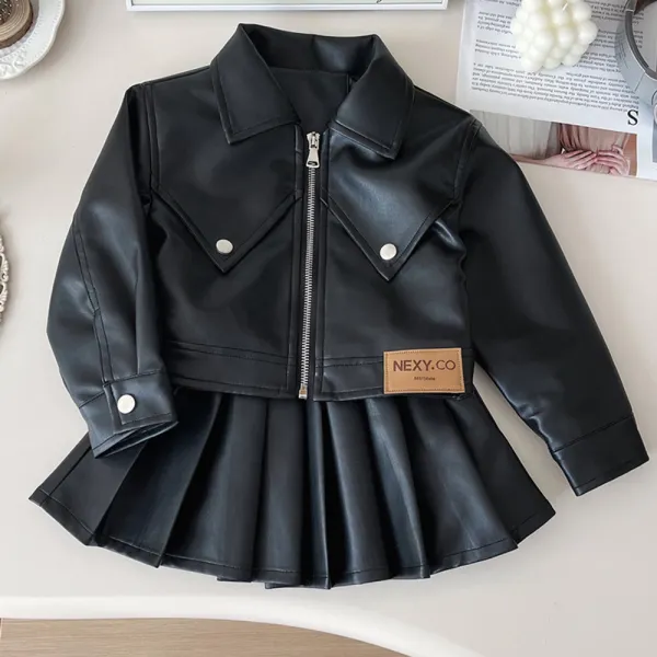 【18M-8Y】2-piece Girls Fashion Solid Color Leather Lapel Jacket And Pleated Skirt Set - Popopieshop.com 