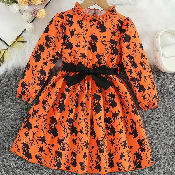 【3Y-10Y】Girls Fashion Orange Floral Print Long Sleeve Dress - Popopieshop.com 