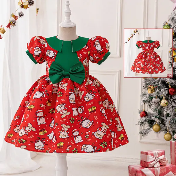 【3Y-8Y】Girls Cute Christmas Cartoon Print Puff Sleeve Party Princess Dress Only $38.99 - Popopieshop.com 