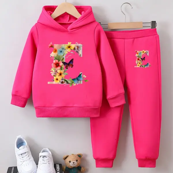 【2Y-8Y】2-piece Girls Casual Velvet Floral Letter Print Hooded Sweatshirt And Pants Set - Popopieshop.com 
