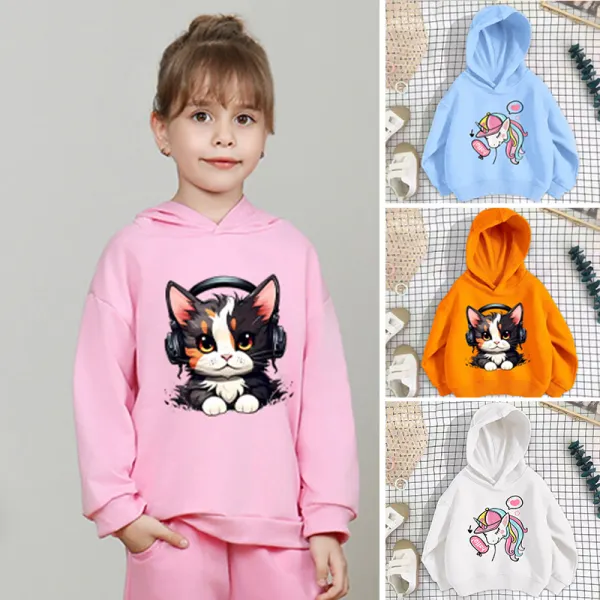 【18M-8Y】Girls Casual Cute Cat Unicorn Print Multicolor Hooded Sweatshirt - Popopieshop.com 