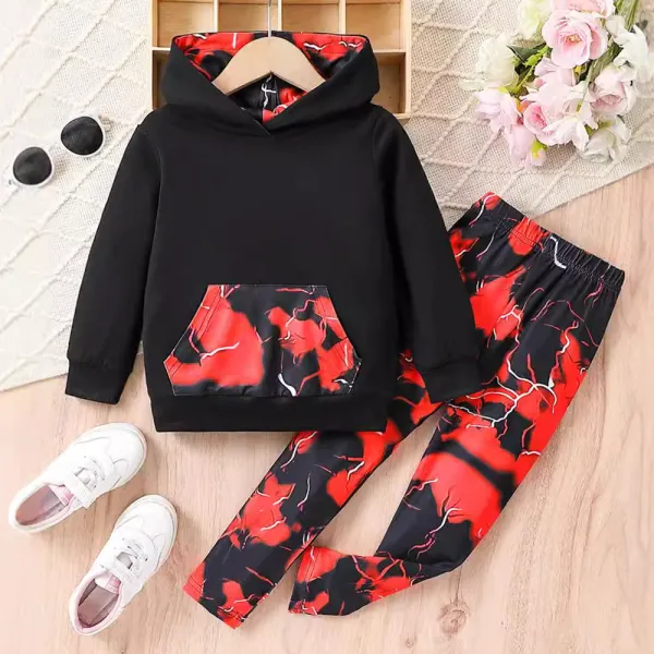 【2Y-8Y】2-piece Girls Casual Cotton Irregular Floral Print Hooded Sweatshirt And Pants Set - Popopieshop.com 