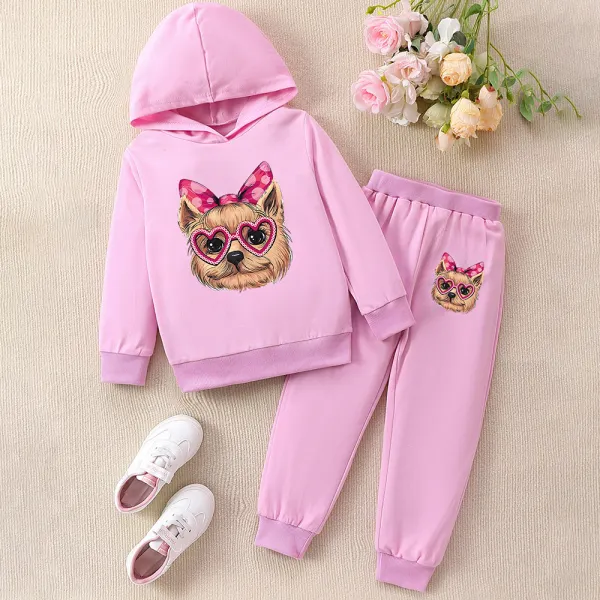 【2Y-8Y】2-piece Girls Cute Cat Print Hooded Sweatshirt And Pants Set - Popopieshop.com 