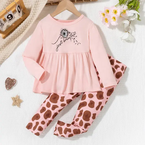 【2Y-8Y】2-piece Girls Sweet Cotton Cartoon Letter Print Long Sleeve T-shirt And Leggings Set - Popopieshop.com 