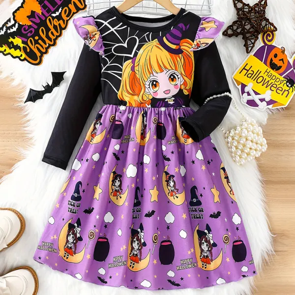 【3Y-10Y】Girls Fashion Halloween Cartoon Print Ruffled Long Sleeve Dress - Popopieshop.com 