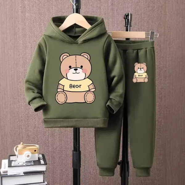 【2Y-8Y】2-piece Unisex Casual Plush Velvet Cute Bear Print Hooded Sweatshirt And Pants Set - Popopieshop.com 