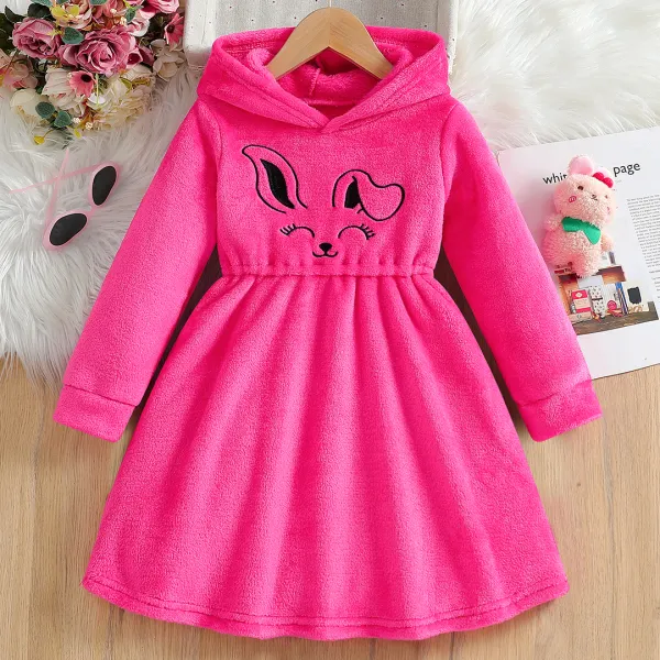 【3Y-7Y】Girls Cute Bunny Embroidery Rose Red Flannel Hooded Dress - Popopieshop.com 
